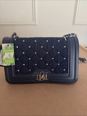 Badgley Mischka Navy Quilted Vegan Leather & Denim Crossbody with Studs